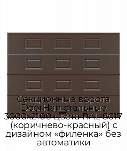 Секционные ворота DoorHan стальные 3000х2100 цвета RAL 8017 (коричнево-красный) с дизайном «филенка» без автоматики preview 1