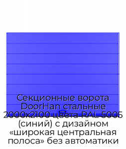 Секционные ворота DoorHan стальные 2000х2100 цвета RAL 5005 (синий) с дизайном «широкая центральная полоса» без автоматики preview 1