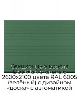 Секционные ворота DoorHan стальные 2600х2100 цвета RAL 6005 (зелёный) с дизайном «доска» с автоматикой preview 1